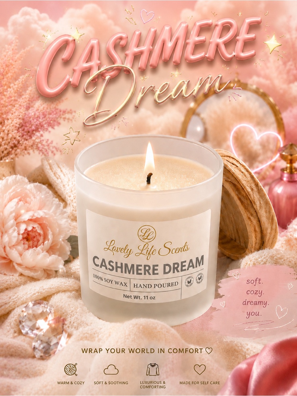 Cashmere Dream 11 oz Premium Soy Wax Candle from Lovely Live Scents